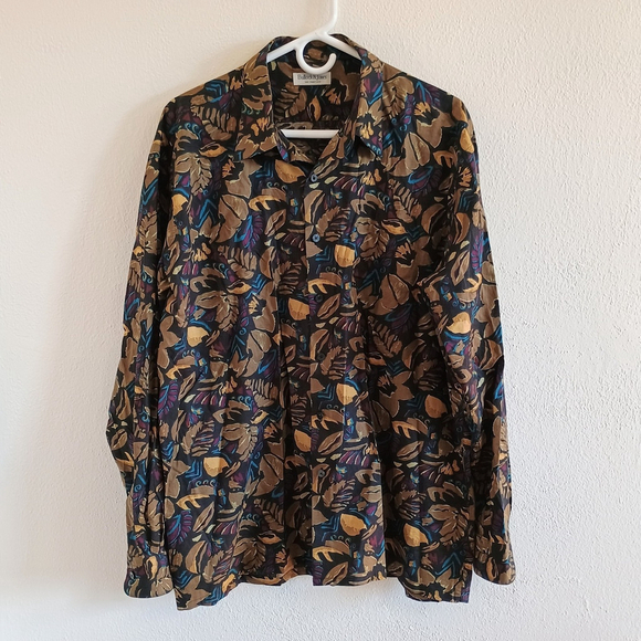 Vintage 80s Bullock & Jones 100% Cotton Shirt Long Sleeve Leaf Design Size XL - Picture 1 of 7